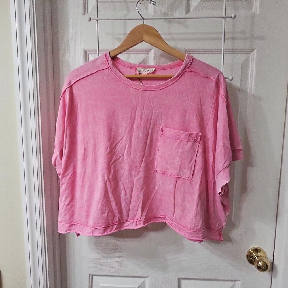 Pink Acid Washed Pocket Short Sleeve Tee Shirt